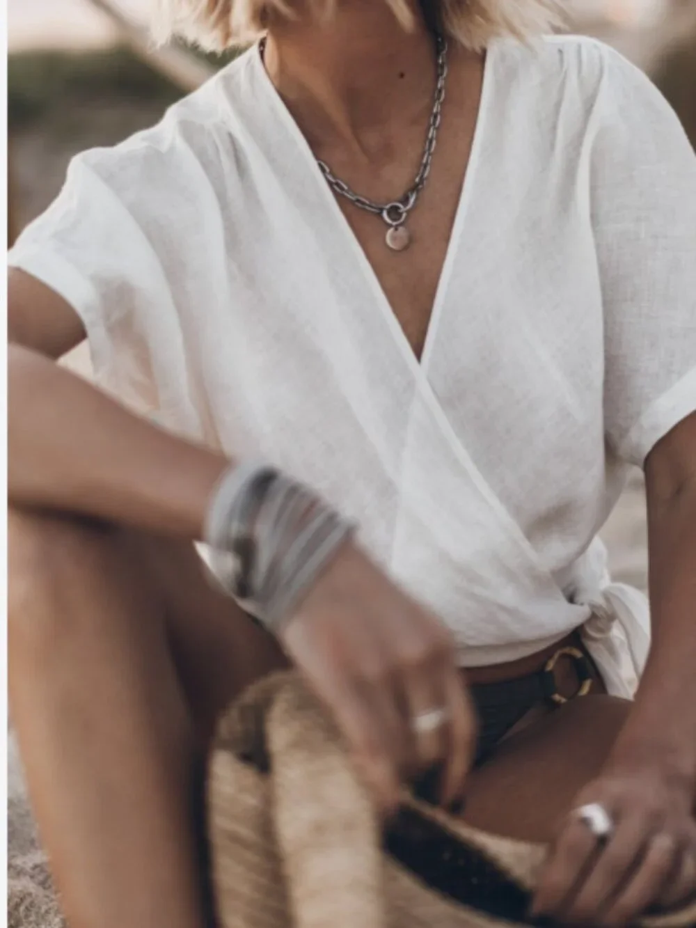 Mikuta white shortsleeve linen wrap shirt Women's small